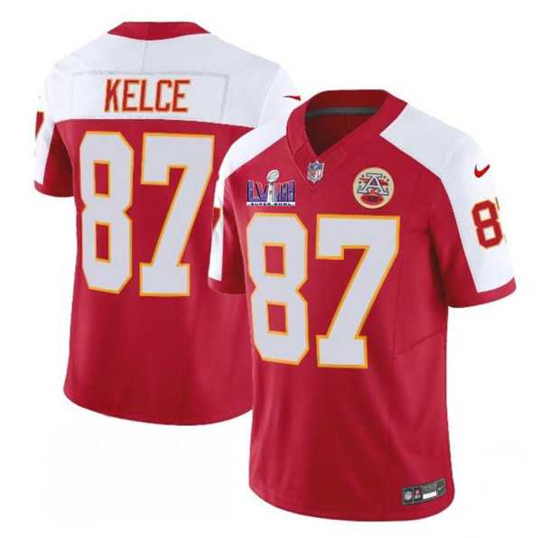 Men & Women & Youth Kansas City Chiefs #87 Travis Kelce Red White 2024 F.U.S.E. Super Bowl LVIII Patch Vapor Untouchable Limited Jersey